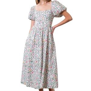 Anthropologie X Moon River Puff‎ Sleeve Corset Midi Dress Ivory Multi Floral Med
